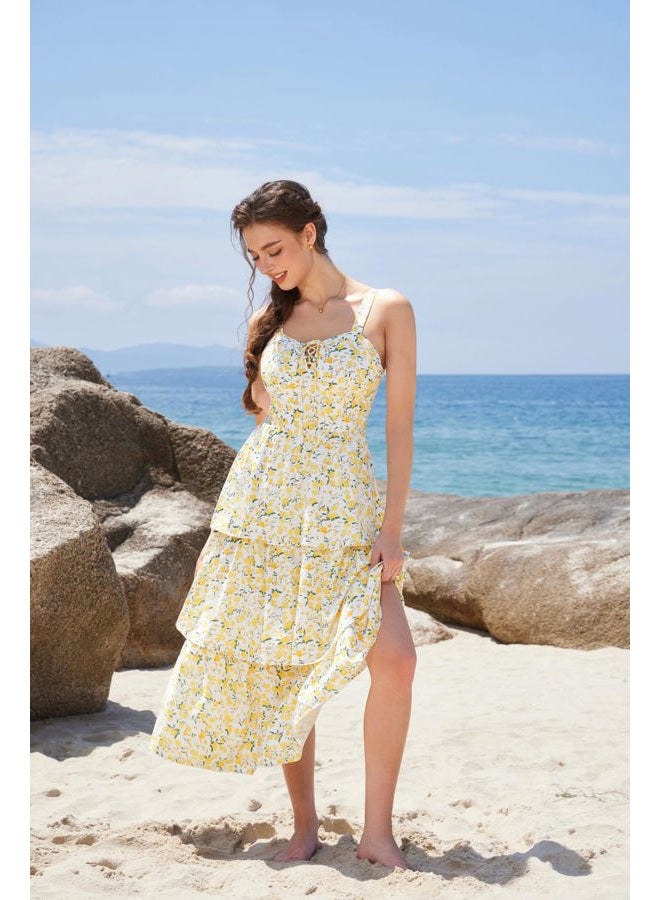 Scarlet Darkness Women's Floral Maxi Dress Summer Wedding Guest Dress Tiered Sleeveless Lace Up Corset Sundress, Yellow Flower, 12 - Image 2