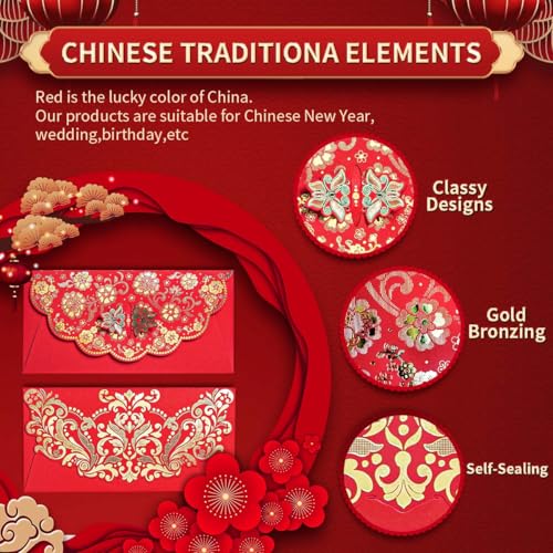 YAOLIGIFT 20pcs Luxurious Chinese New Year Red Envelopes, Chinese Traditional Hong Bao Red Envelope Pockets Money Gift Cash for 2026 Spring Festival, Lunar New Year, Birthday, Party - Image 2