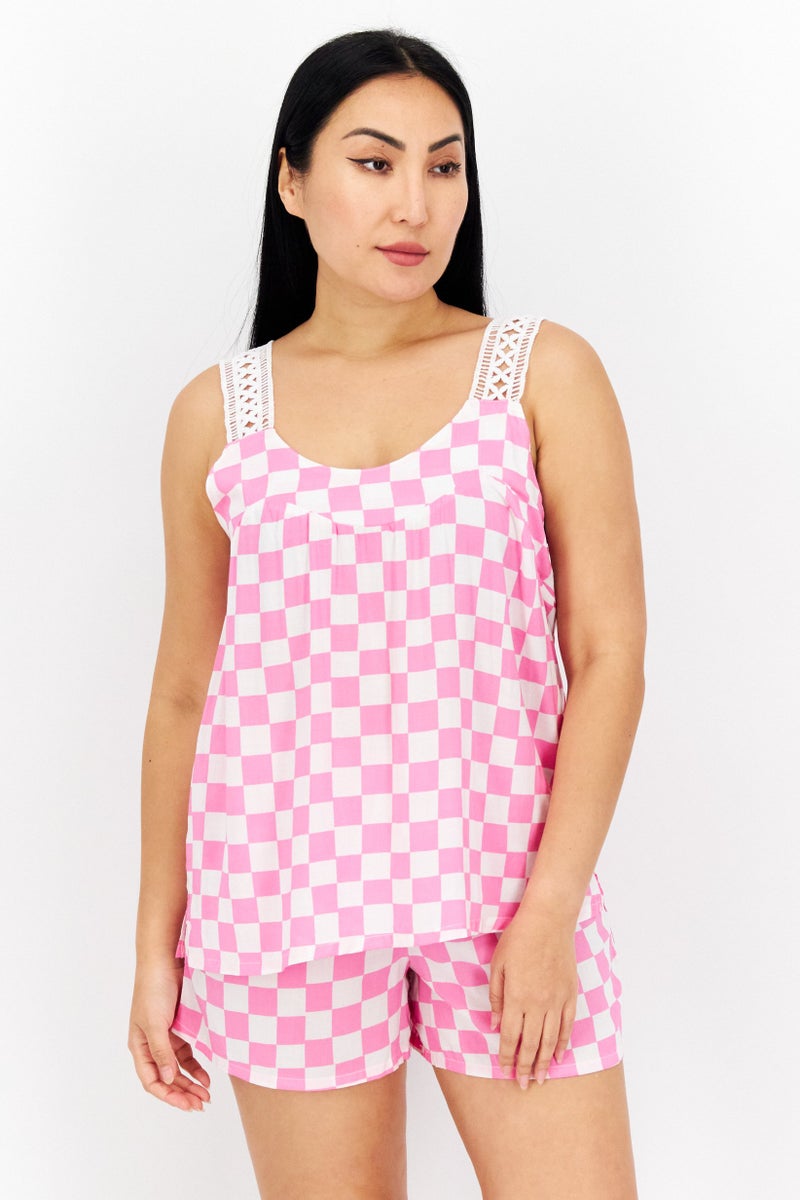 Kensie Women 2 Pcs Checkered Sleepwear Set, Pink - Image 1