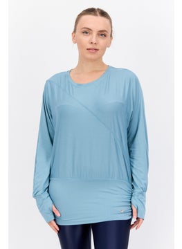 Women Sportswear Fit Plain Long Sleeves Outdoors Top, Mint Blue