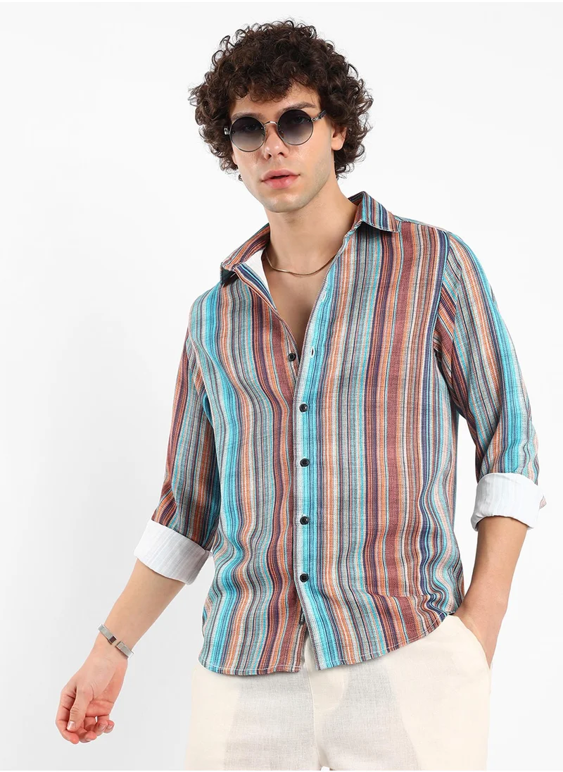 كامبوس سوترا Men's Azure Blue & Chocolate Brown Multitrack-Striped Shirt