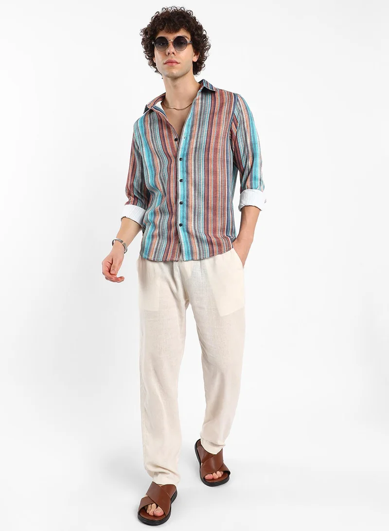Campus Sutra Men's Azure Blue & Chocolate Brown Multitrack-Striped Shirt
