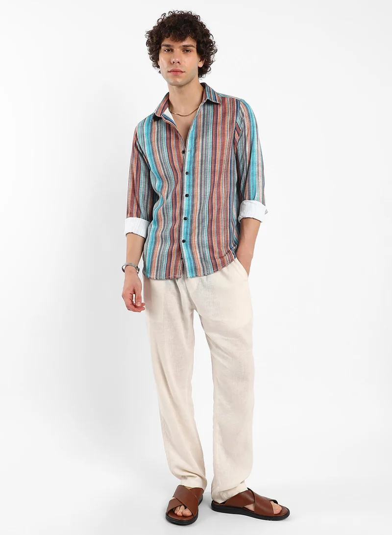 Campus Sutra Men's Azure Blue & Chocolate Brown Multitrack-Striped Shirt