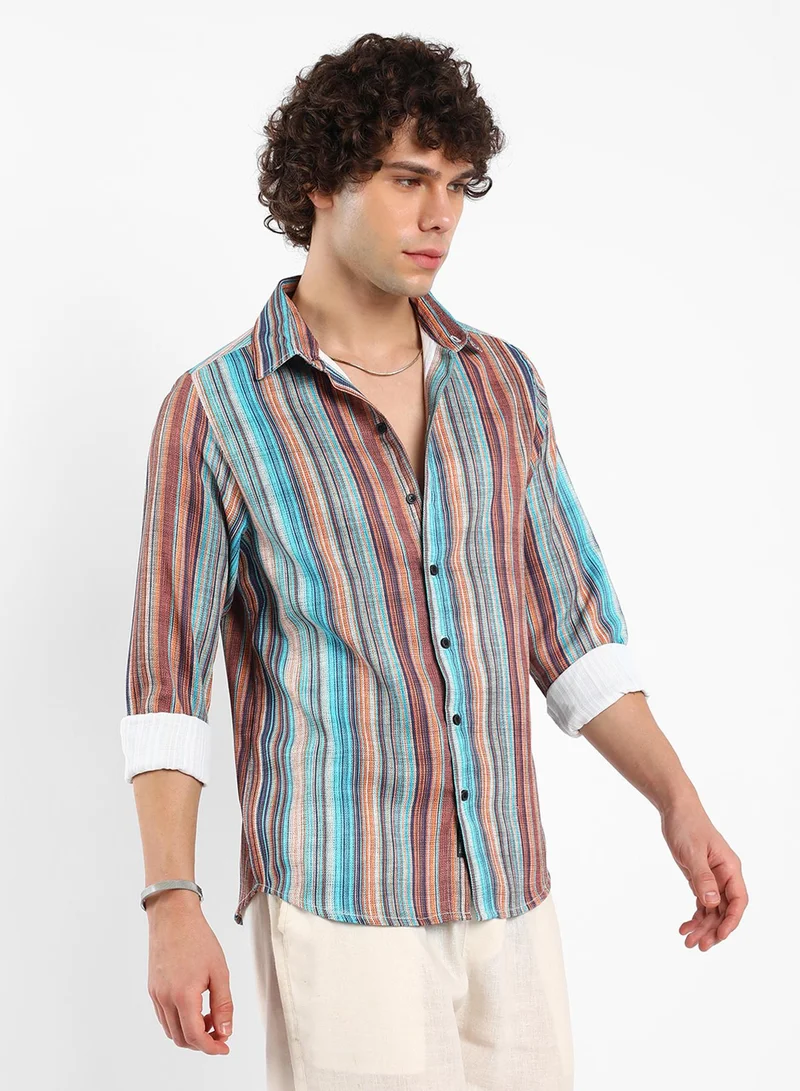 Campus Sutra Men's Azure Blue & Chocolate Brown Multitrack-Striped Shirt