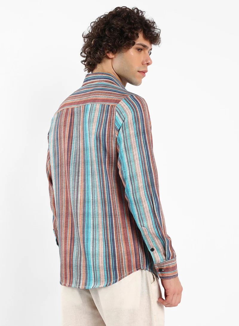 Campus Sutra Men's Azure Blue & Chocolate Brown Multitrack-Striped Shirt