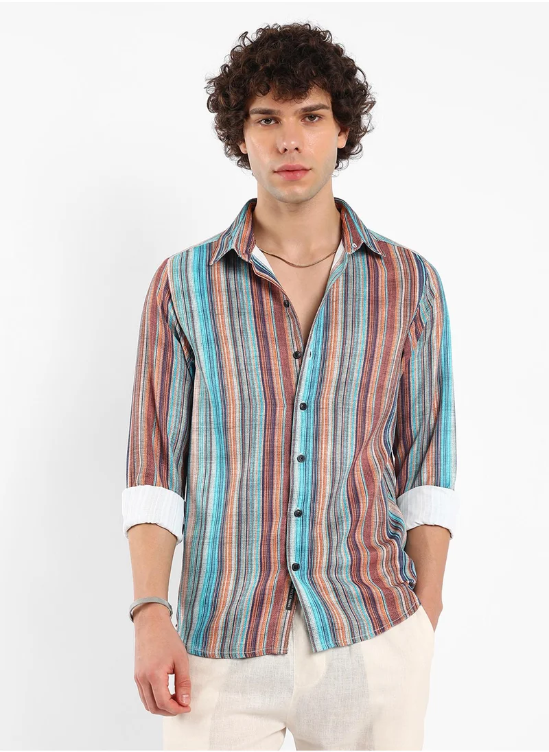 كامبوس سوترا Men's Azure Blue & Chocolate Brown Multitrack-Striped Shirt