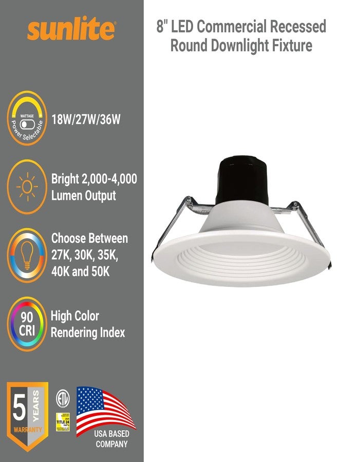 Sunlite 8" LED Commercial Recessed Round Downlight Fixture, Power Selectable 18W/27W/36W, 4000 Lmns, CCT Switch 27K/30K/35K/40K/50K, 90 CRI, Dimmable, Title-24 Compliant, ETL Listed - Image 3