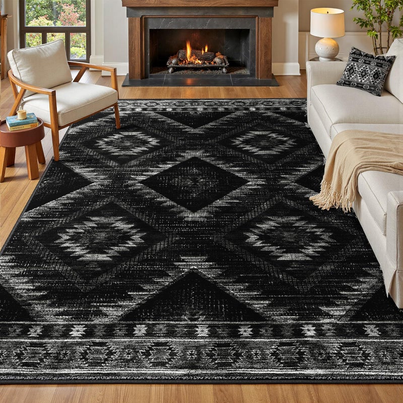 BESTSWEETIE Area Rug 6x9 Rug Machine Washable Non-Slip Low Pile Print Pattern Western Rug for Living Room Bedroom Entryway Tribal Series -Black - Image 2