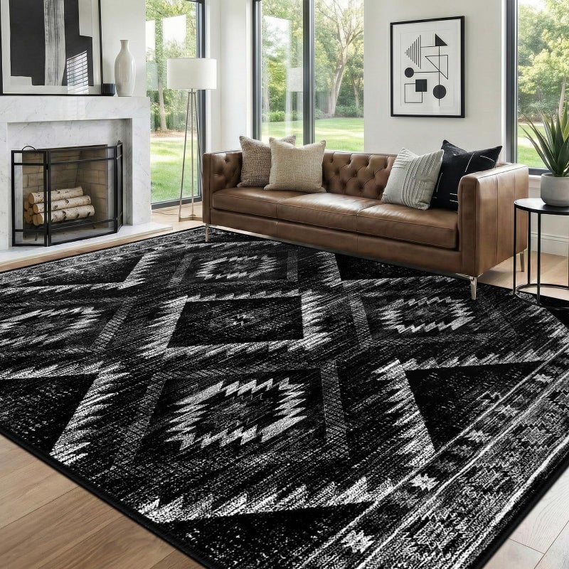 BESTSWEETIE Area Rug 6x9 Rug Machine Washable Non-Slip Low Pile Print Pattern Western Rug for Living Room Bedroom Entryway Tribal Series -Black - Image 1
