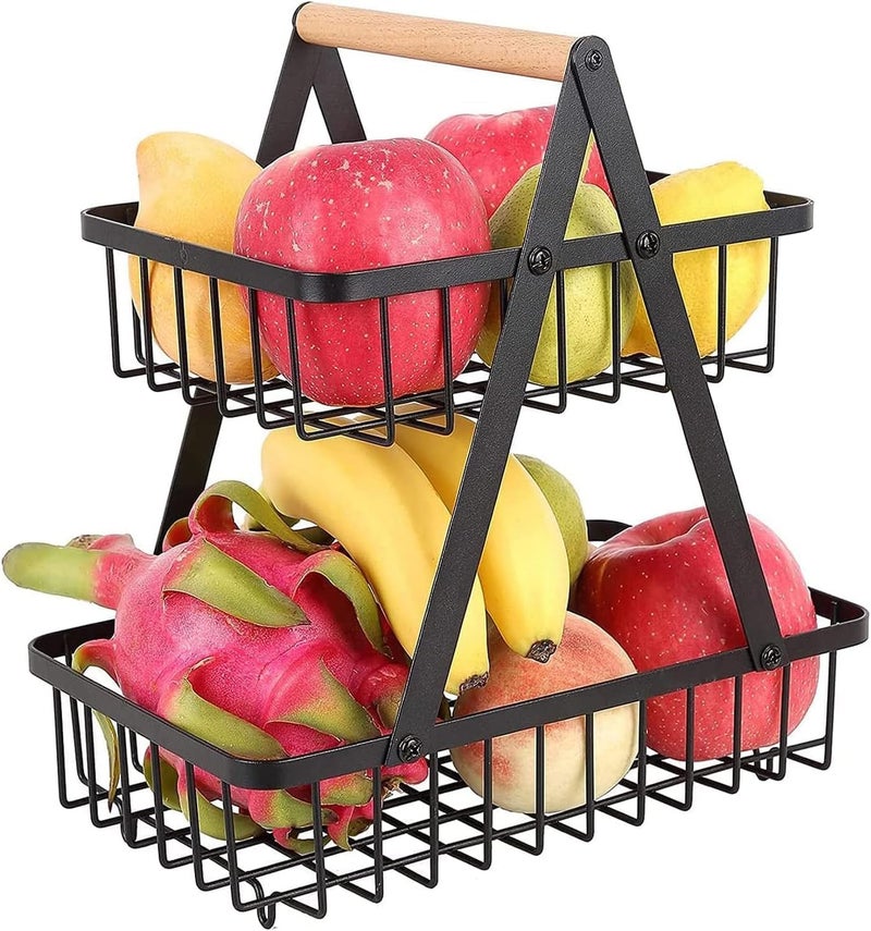 ConvertKitchen 2 Tier Fruit Basket Countertop Metal Fruit Basket, 2 Tier Fruit Bowl Detachable Metal Fruit Holder, Black Portable Modern Fruit Storage Rack for Fruit Vegetables Snacks - Image 1