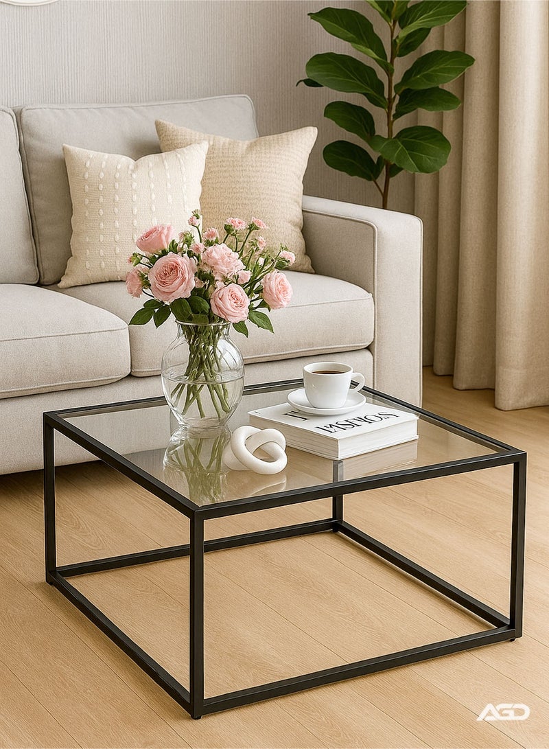 AGD Glass Coffee Table, Modern Simple Square Coffee Table 27.6 x 27.6 x 15.7 Inch for Living Room, Grey and Black - Image 3