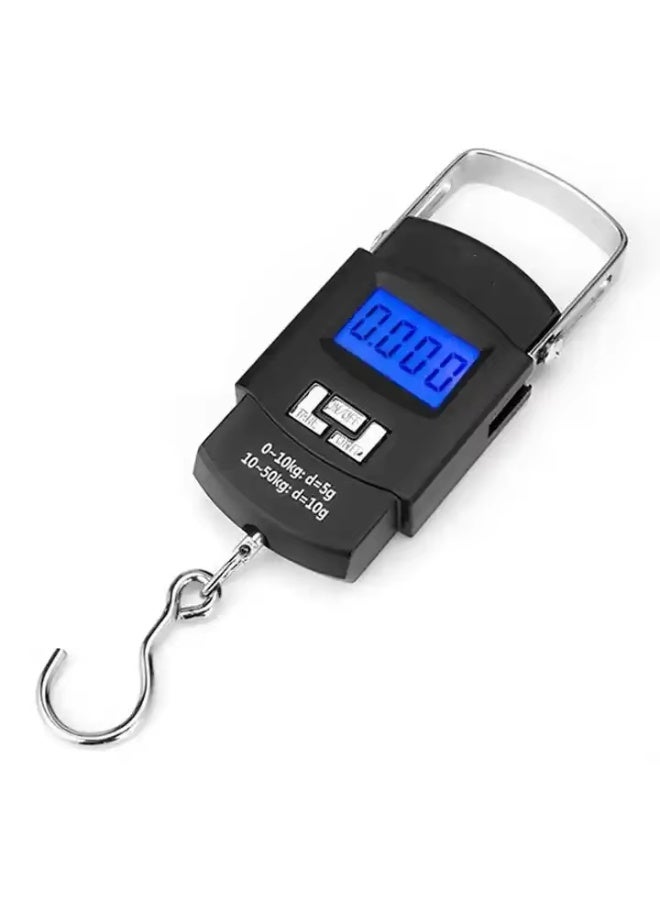 ميزان رقمي محمول للتعليق بسعة 50 كجم، خطاف فولاذي قوي، ميزان متعدد الاستخدامات للأمتعة والصيد والطرود والاستخدام الخارجي، تصميم بمقبض للحمل، يشمل بطاريات