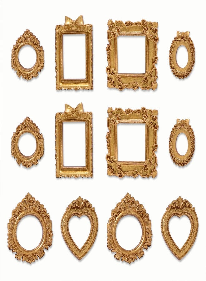 NSdawali 12 Pcs Mini Gold Frames, Vintage Resin Picture Frames for Dollhouse DIY Art Craft Projects Jewelry Display Refrigerator Magnets Home Décor, Antique Small Baroque Ornaments in Various Shapes and Sizes - Image 1