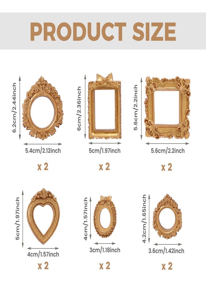 NSdawali 12 Pcs Mini Gold Frames, Vintage Resin Picture Frames for Dollhouse DIY Art Craft Projects Jewelry Display Refrigerator Magnets Home Décor, Antique Small Baroque Ornaments in Various Shapes and Sizes - Image 3