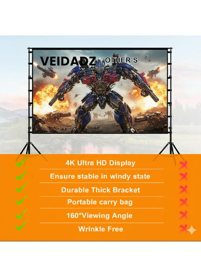 VEIDADZ 100 Inch Projector Screen with Telescopic Stand – Easy to Install Version – 4K HD Portable Movie Screen for Indoor Outdoor Home Theater, Backyard, Camping - Image 2