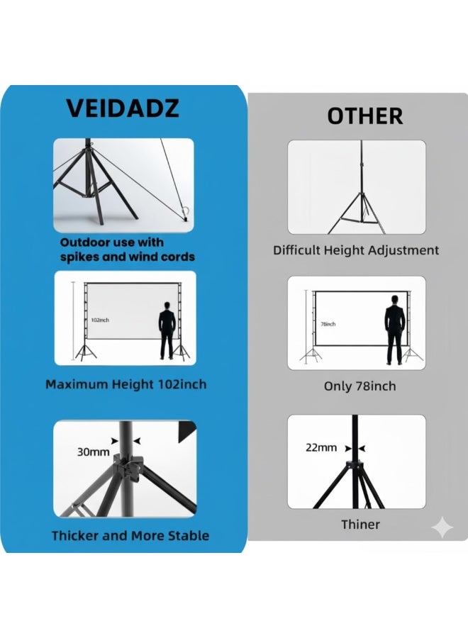 VEIDADZ 100 Inch Projector Screen with Telescopic Stand – Easy to Install Version – 4K HD Portable Movie Screen for Indoor Outdoor Home Theater, Backyard, Camping - Image 3