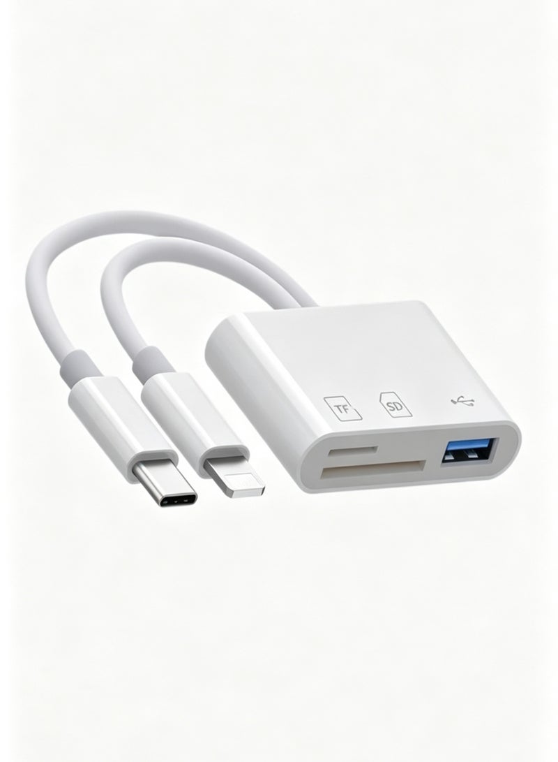 قارئ بطاقات SD لـ iPhone و iPad و USB-C و Lightning – محول بطاقات SD بمنفذين مزدوجين، قارئ بطاقات ذاكرة للكاميرا، يدعم SD و Micro SD و USB 3.0، لا حاجة لتطبيق أو تعريف - Image 1