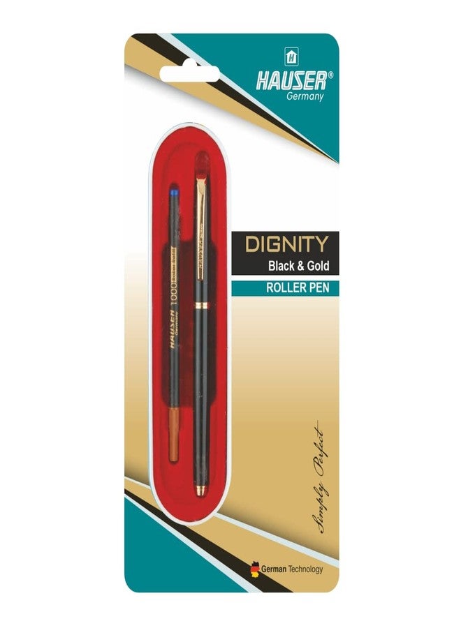 Hauser Dignity Black & Gold Roller Ball Pen Blister | Stylish Black Body with Golden Clip | Twist Mechanism for Smudge Free Writing | Durable, Refillable Pen | Blue Ink, of 1 - Image 1