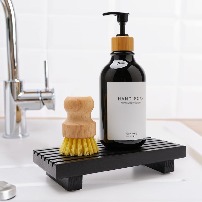 Renawe Small Bathroom Counter Organizer Tray Decorative Wood Display Pedestal Stand Kitchen Counter Soap Tray Wooden Risers for Bathroom Sink Accessories Vanity Black Bathroom Decor Dish Soap Holder - Image 2