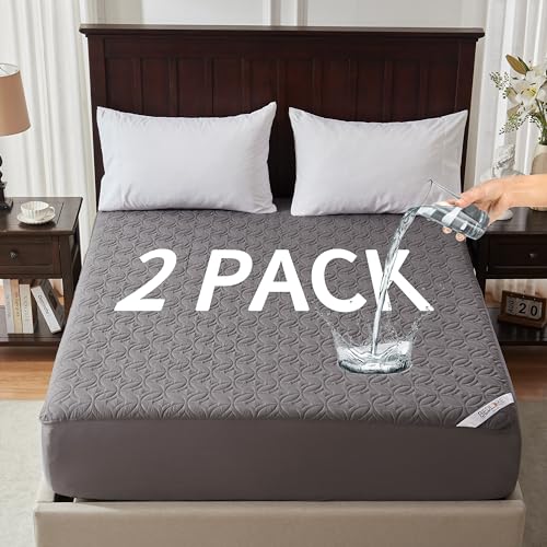 BEDLORE حامي مرتبة BEDLORE 2 عبوة مقاوم للماء، حجم توين XL مع جيب عميق بعمق 6"-15"، غطاء مرتبة سرير ناعم وقابل للتنفس لغرفة النوم، سكن الجامعة (رمادي) - Image 1