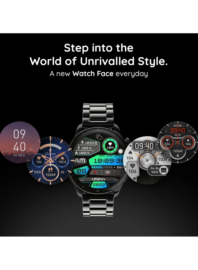 Pebble Cosmos Vault 1.43" Bright HD Display Smartwatch, Bluetooth Calling, Blood Oxygen, Heart Rate Monitoring, Multi Sports Mode, Step Pedometer, Multiple Watch Faces, Ai Voice Assistant, Obsidian Black