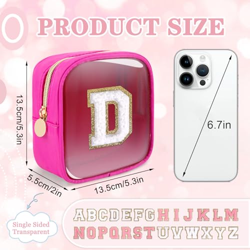 Iqimott Mini Clear Personalized Initial Makeup BagNylon Preppy AZ Chenille Letter Patch Zipper Cosmetic Bag Small Cute Beach Pouch Travel Purse Sanitary Napkin Storage Bag for Women GirlsHot PinkWhite D - Image 3