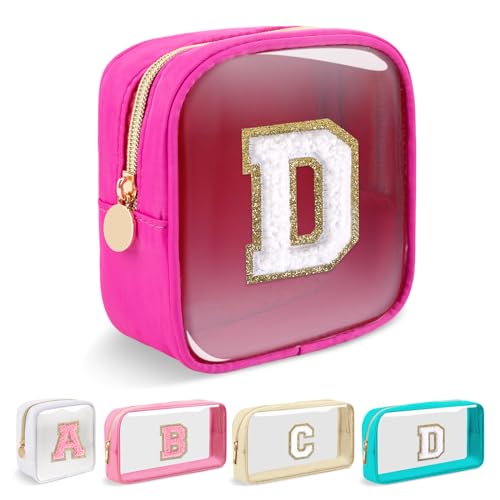 Iqimott Mini Clear Personalized Initial Makeup BagNylon Preppy AZ Chenille Letter Patch Zipper Cosmetic Bag Small Cute Beach Pouch Travel Purse Sanitary Napkin Storage Bag for Women GirlsHot PinkWhite D - Image 1
