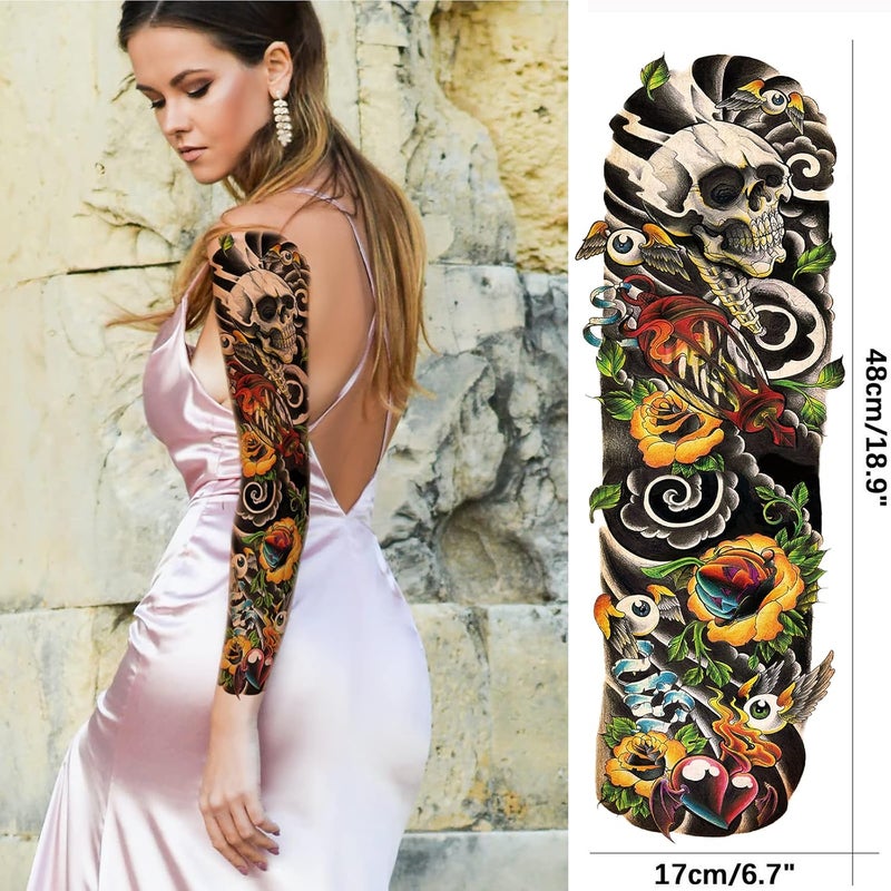 Briyhose One piece build Colorful Realistic Temporary Tattoo Sleeves For Kid, Full Arm Large Skull Fish Watercolor Fake Sleeve Tattoos Kid Women, Halloween Pumpkin Temp Tatoo Sticker Boy Girl Party Body Art Makeup, 6-Sheet Defect free upgraded substance - Image 5