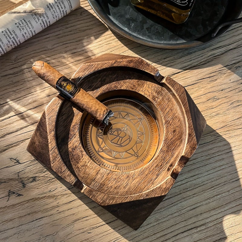 Vintage Dark Brown Cigar Ashtray Heavy Duty Recycled Hardwood Smoking Tray - Image 1