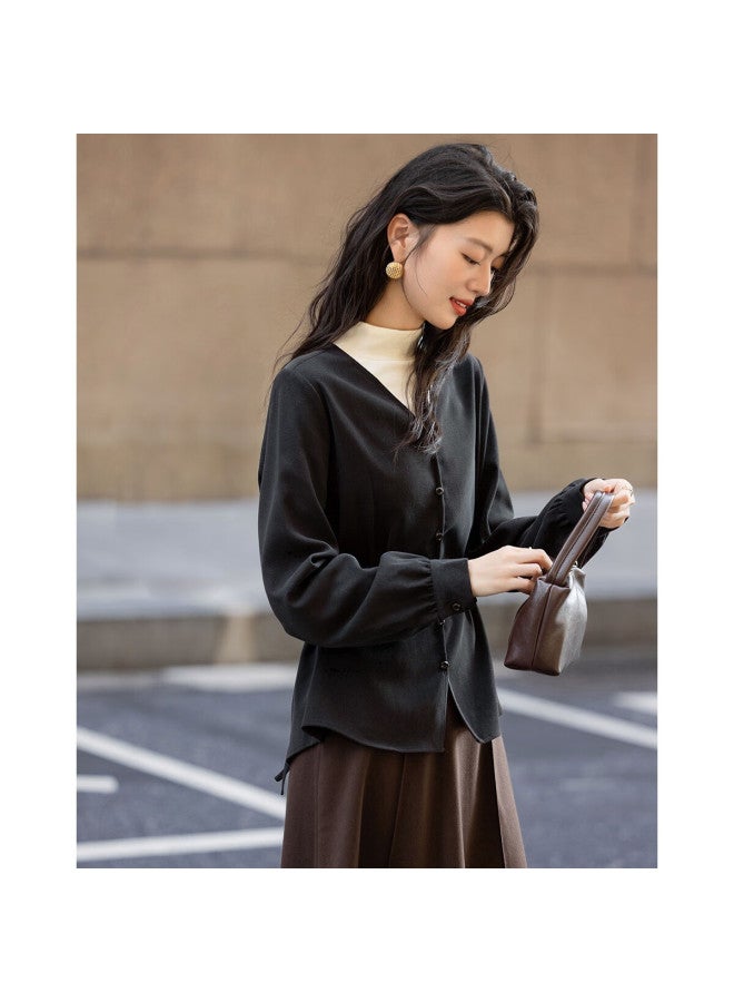 dme Demana [smart Sense Women] Winter Luxury Stand Collar Warm Brushed Shirt Pleated Color-block Belted Blouse For Women - Image 2