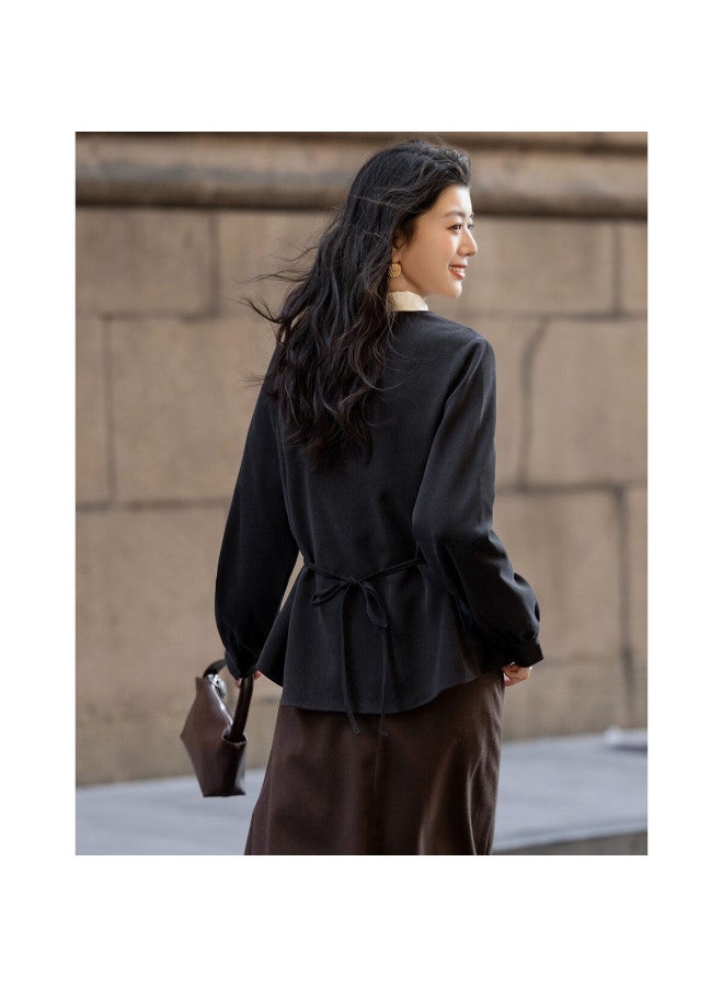 dme Demana [smart Sense Women] Winter Luxury Stand Collar Warm Brushed Shirt Pleated Color-block Belted Blouse For Women - Image 5