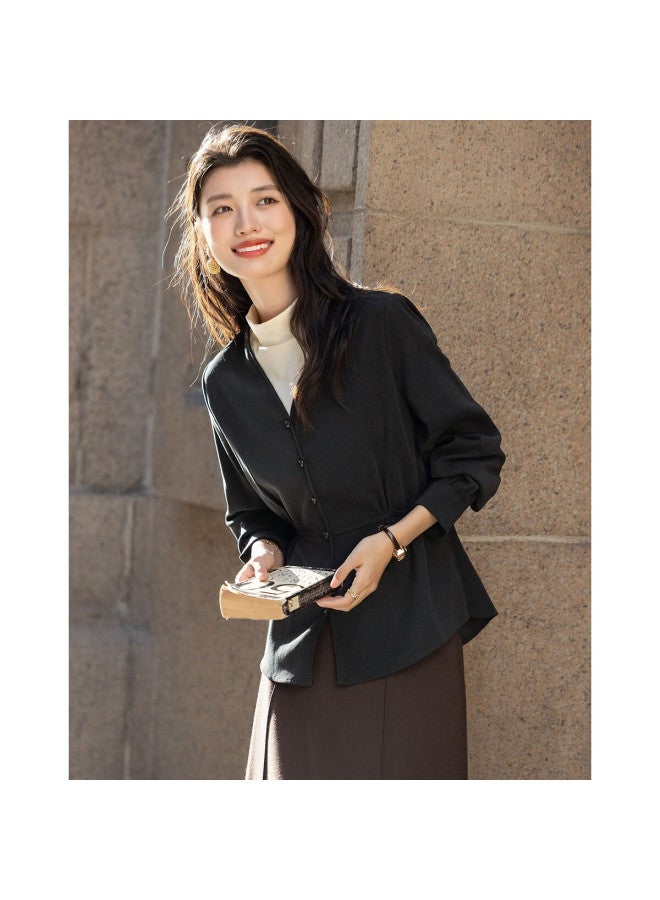 dme Demana [smart Sense Women] Winter Luxury Stand Collar Warm Brushed Shirt Pleated Color-block Belted Blouse For Women - Image 1