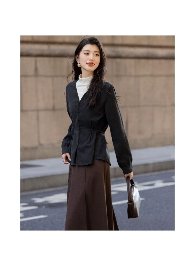 dme Demana [smart Sense Women] Winter Luxury Stand Collar Warm Brushed Shirt Pleated Color-block Belted Blouse For Women - Image 3