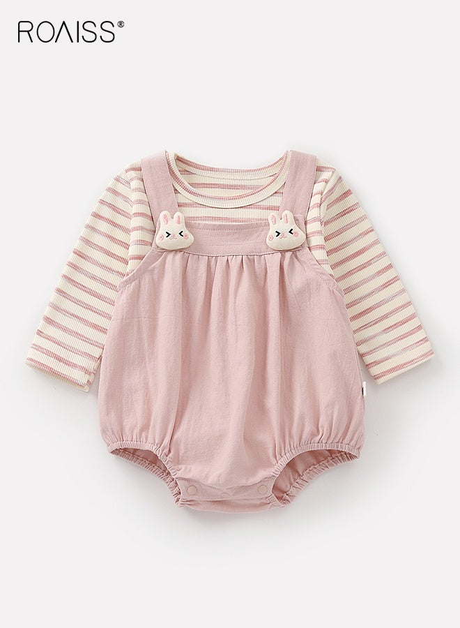 roaiss Baby Girls T-shirt and Overalls Set, Stylish Spring and Autumn Outfit with Long Sleeve Striped Top and Rompers, 2 Piece Comortable Clothing Set for Baby Girls, Suitable for Daily Wear and Outdoor Activities - Image 1