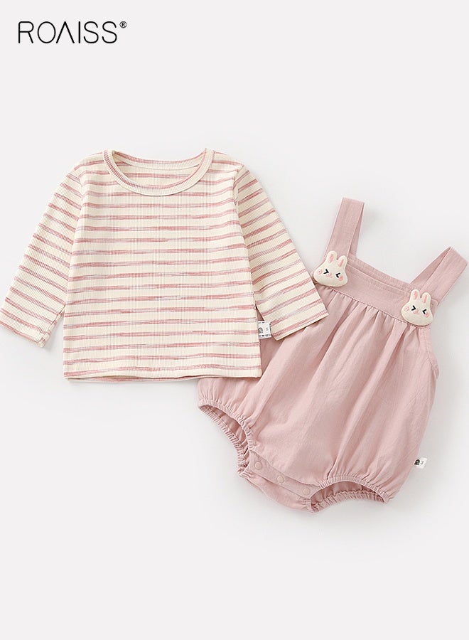 roaiss Baby Girls T-shirt and Overalls Set, Stylish Spring and Autumn Outfit with Long Sleeve Striped Top and Rompers, 2 Piece Comortable Clothing Set for Baby Girls, Suitable for Daily Wear and Outdoor Activities - Image 2