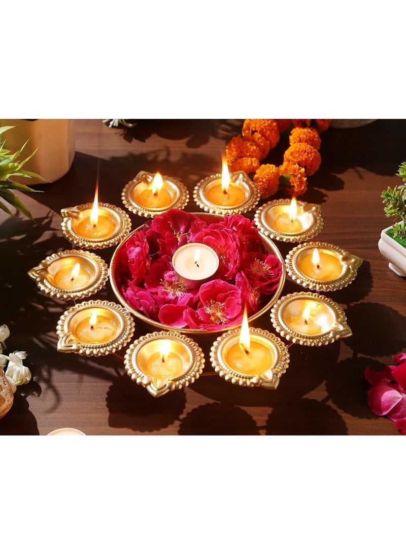 R Ayurveda Copper وعاء أورلي مزخرف على شكل زهرة من النحاس من آر أيورفيدا، مصنوع يدويًا، مناسب لوضع الزهور العائمة وشموع الشاي على طاولة المنزل | زينة ديوالي (10 بوصات) فولاذ مغناطيسي، ذهبي، 1 لتر - Image 3