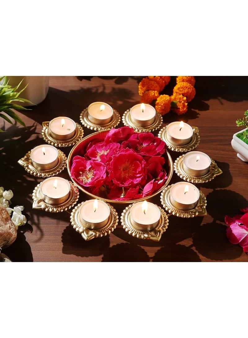 R Ayurveda Copper وعاء أورلي مزخرف على شكل زهرة من النحاس من آر أيورفيدا، مصنوع يدويًا، مناسب لوضع الزهور العائمة وشموع الشاي على طاولة المنزل | زينة ديوالي (10 بوصات) فولاذ مغناطيسي، ذهبي، 1 لتر - Image 4