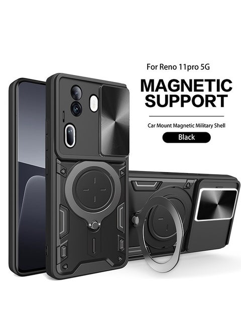 For Oppo Reno 11Pro 5G Case with Slide Camera Cover and Stand Kickstand Magnetic Ring High Quality Shockproof Protective Cover, Anti-Fall Drop Protection, Shockproof Case, Black