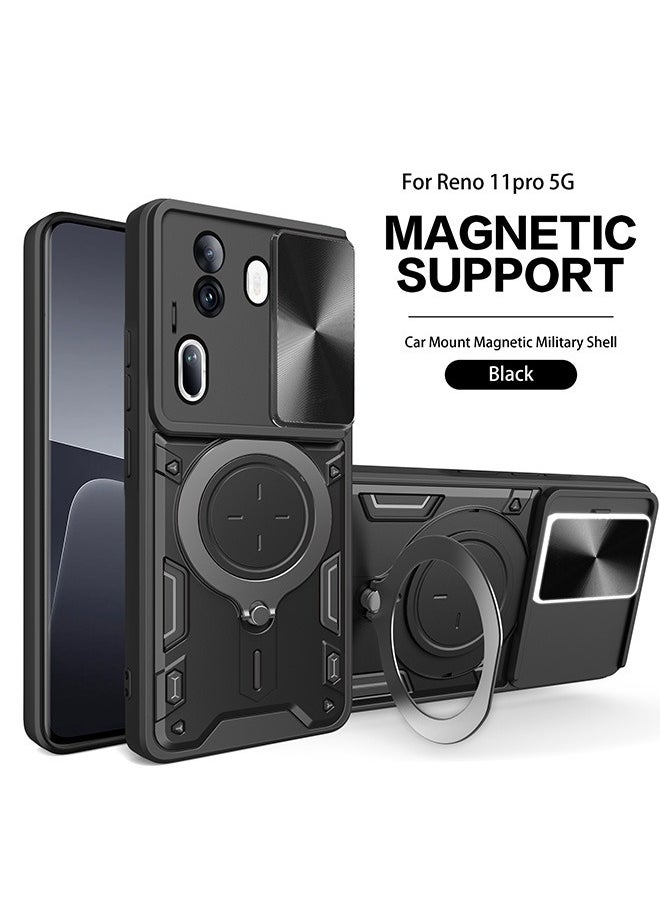Generic - For Oppo Reno 11Pro 5G Case with Slide Camera Cover and Stand Kickstand Magnetic Ring High Quality Shockproof Protective Cover, Anti-Fall Drop Protection, Shockproof Case, Black - Image 1