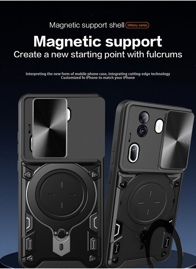 Generic - For Oppo Reno 11Pro 5G Case with Slide Camera Cover and Stand Kickstand Magnetic Ring High Quality Shockproof Protective Cover, Anti-Fall Drop Protection, Shockproof Case, Black - Image 1