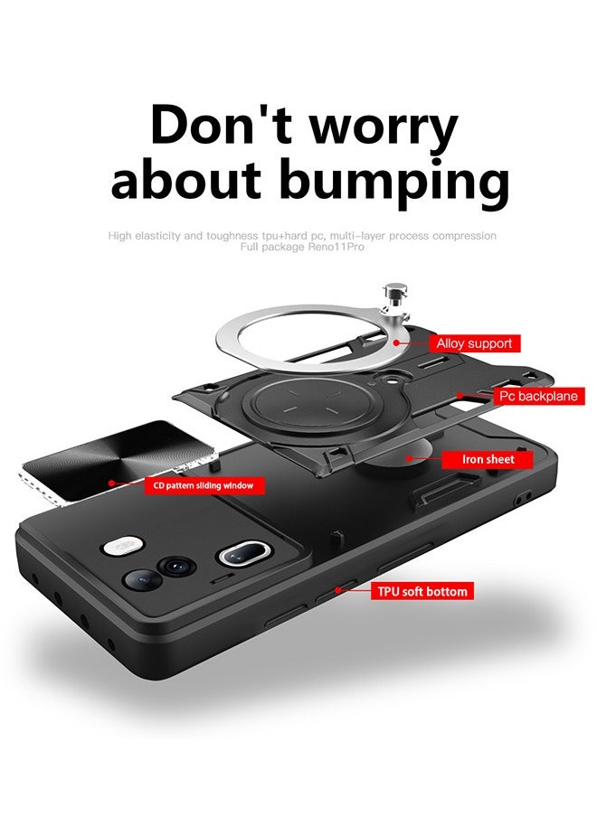 Generic - For Oppo Reno 11Pro 5G Case with Slide Camera Cover and Stand Kickstand Magnetic Ring High Quality Shockproof Protective Cover, Anti-Fall Drop Protection, Shockproof Case, Black - Image 1