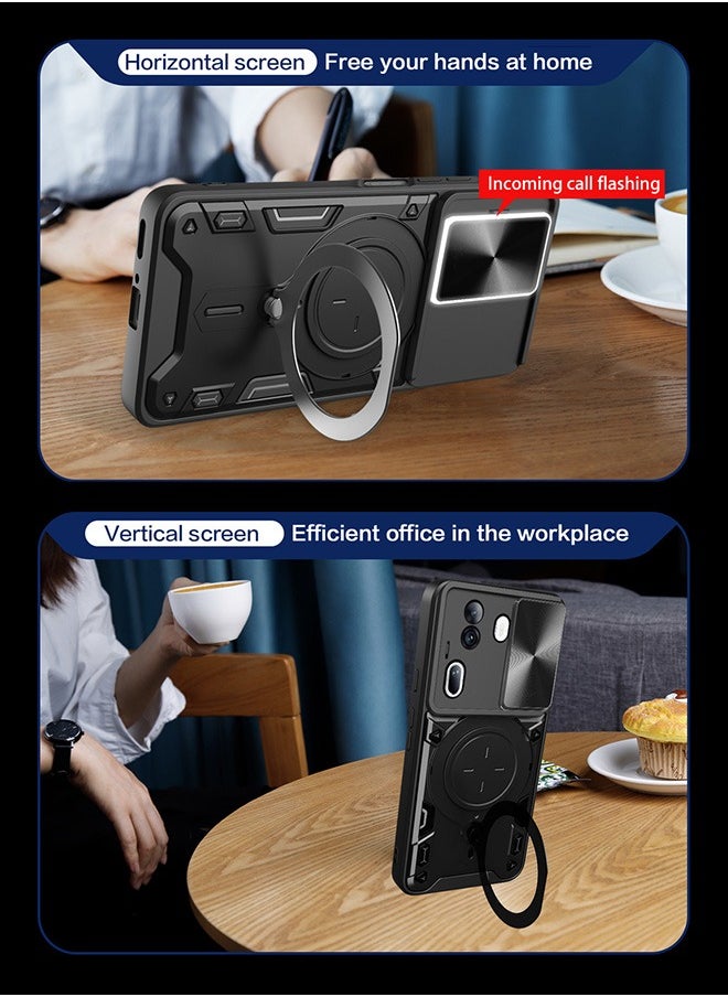 Generic - For Oppo Reno 11Pro 5G Case with Slide Camera Cover and Stand Kickstand Magnetic Ring High Quality Shockproof Protective Cover, Anti-Fall Drop Protection, Shockproof Case, Black - Image 1