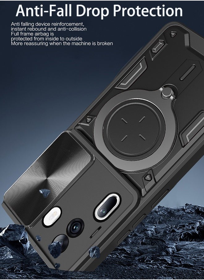 Generic - For Oppo Reno 11Pro 5G Case with Slide Camera Cover and Stand Kickstand Magnetic Ring High Quality Shockproof Protective Cover, Anti-Fall Drop Protection, Shockproof Case, Black - Image 1