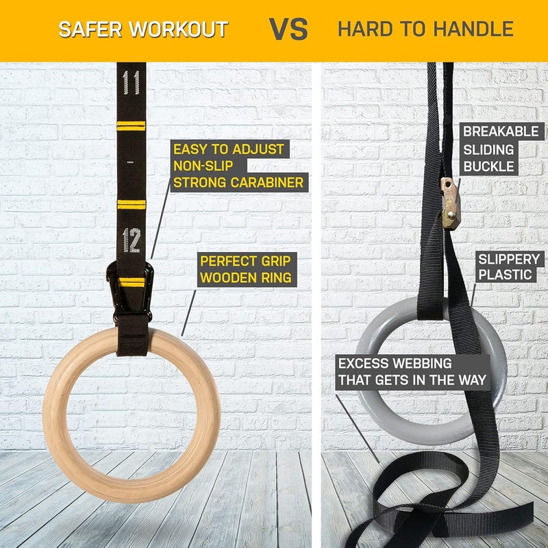 BOFFLE Wooden Gymnastic Rings with Adjustable Number Straps, Crossfit Rings for Gym, Workout, Exercise, Outdoor Training, Quick Install Carabiner, 8.5 ft Straps Pull Up Non-Slip Rings - Image 5