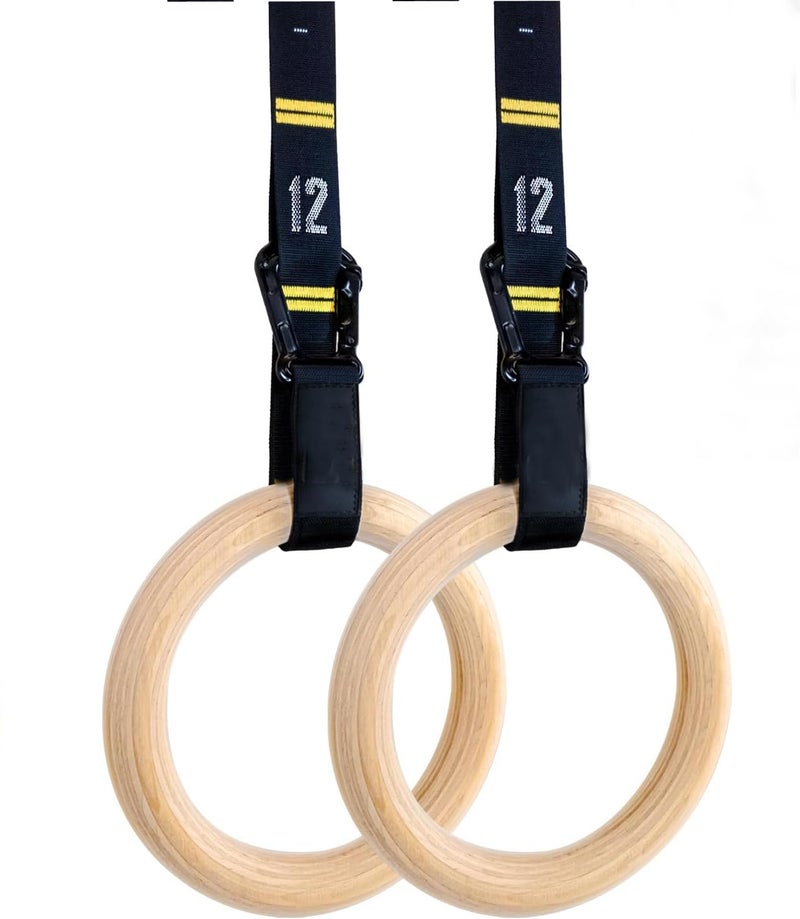 BOFFLE Wooden Gymnastic Rings with Adjustable Number Straps, Crossfit Rings for Gym, Workout, Exercise, Outdoor Training, Quick Install Carabiner, 8.5 ft Straps Pull Up Non-Slip Rings - Image 1