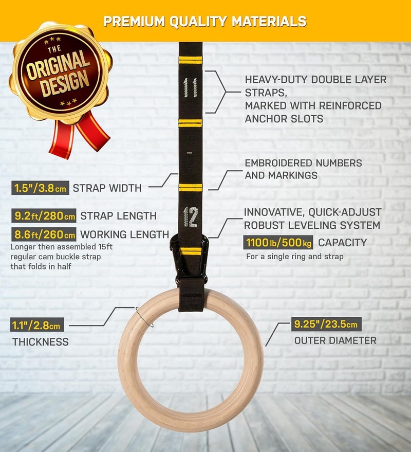 BOFFLE Wooden Gymnastic Rings with Adjustable Number Straps, Crossfit Rings for Gym, Workout, Exercise, Outdoor Training, Quick Install Carabiner, 8.5 ft Straps Pull Up Non-Slip Rings - Image 4
