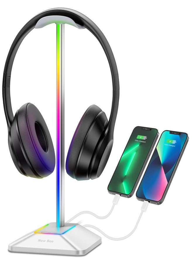 نيو بي حامل سماعات رأس نيو بي RGB مزود بمنفذ شحن USB-C واحد ومنفذ شحن USB واحد، حامل سماعات رأس للألعاب على المكتب مع 7 أوضاع إضاءة وقاعدة مطاطية مانعة للانزلاق مناسبة لجميع ملحقات سماعات الأذن (فضي) - Image 1