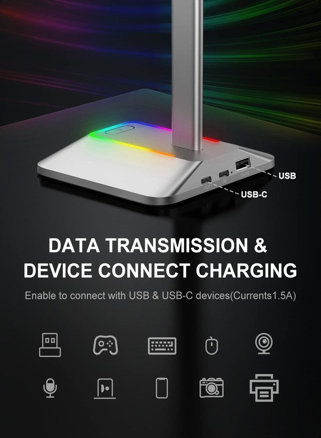نيو بي حامل سماعات رأس نيو بي RGB مزود بمنفذ شحن USB-C واحد ومنفذ شحن USB واحد، حامل سماعات رأس للألعاب على المكتب مع 7 أوضاع إضاءة وقاعدة مطاطية مانعة للانزلاق مناسبة لجميع ملحقات سماعات الأذن (فضي) - Image 3