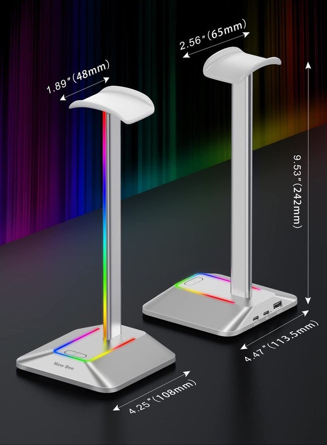 نيو بي حامل سماعات رأس نيو بي RGB مزود بمنفذ شحن USB-C واحد ومنفذ شحن USB واحد، حامل سماعات رأس للألعاب على المكتب مع 7 أوضاع إضاءة وقاعدة مطاطية مانعة للانزلاق مناسبة لجميع ملحقات سماعات الأذن (فضي) - Image 5