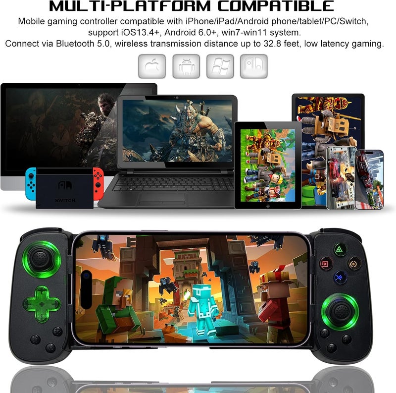 arVin Mobile Gaming Controller for iPhone Android with Phone CASE Support & Green Light, Wireless Gamepad for iPhone/iPad/Samsung/Tablet/Switch/PS4/PC, Play Xbox Cloud Gaming/PS Remote Play/Steam Link - Image 2